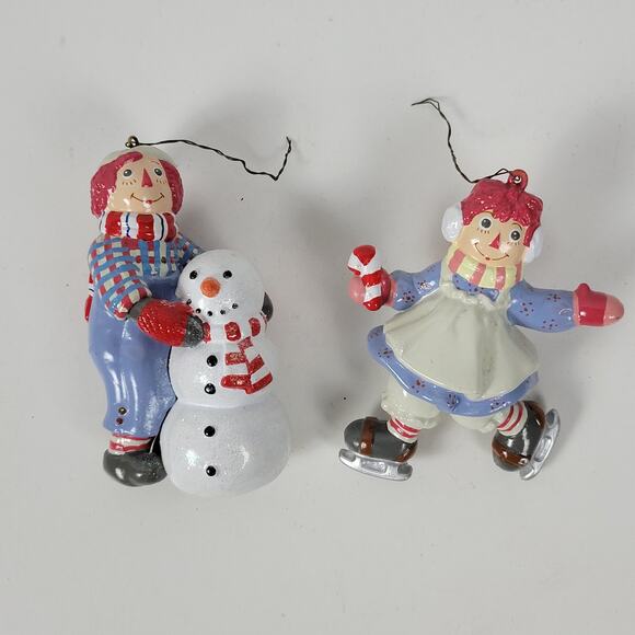 Vintage Kurt Adler Raggedy Ann and Andy with Snowman on Skates Holiday Ornaments - Picture 1 of 13